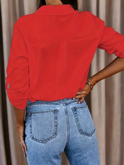 Effortless Button Down Blouse for Women with Collar Long Sleeve Roll Tab Relaxed Style