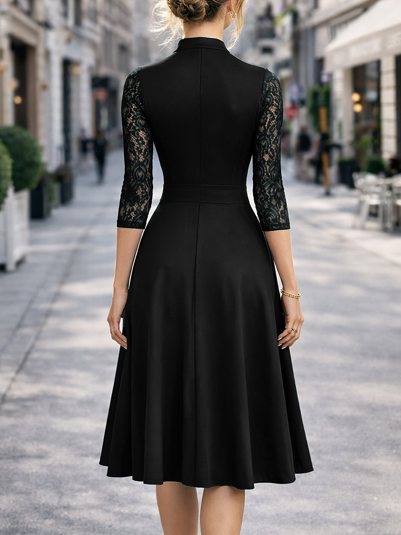 Elegant Lace Midi Dress for Women with Notch Neck Three Quarter Sleeve Fit and Flare Cocktail Style