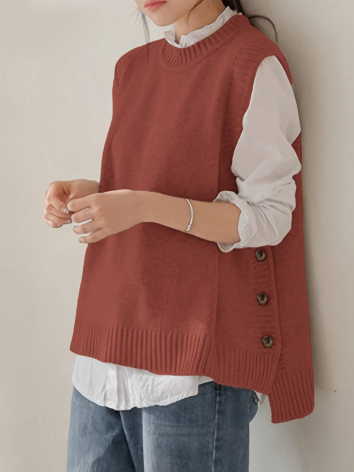 Comfortable Knit Sweater Vest for Women with Mock Neck Sleeveless Side Button Relaxed Style