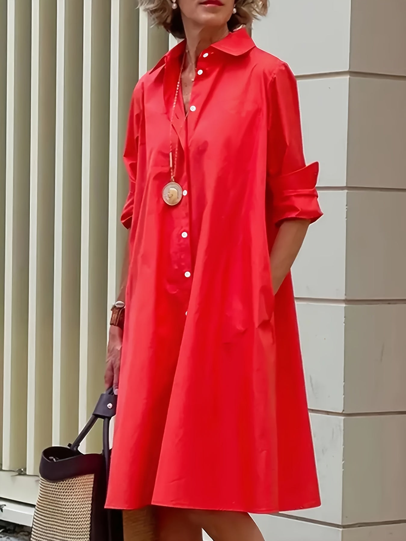 Elegant Red Shirt Dress for Women with Collar Long Sleeve Button Front A Line Midi Style