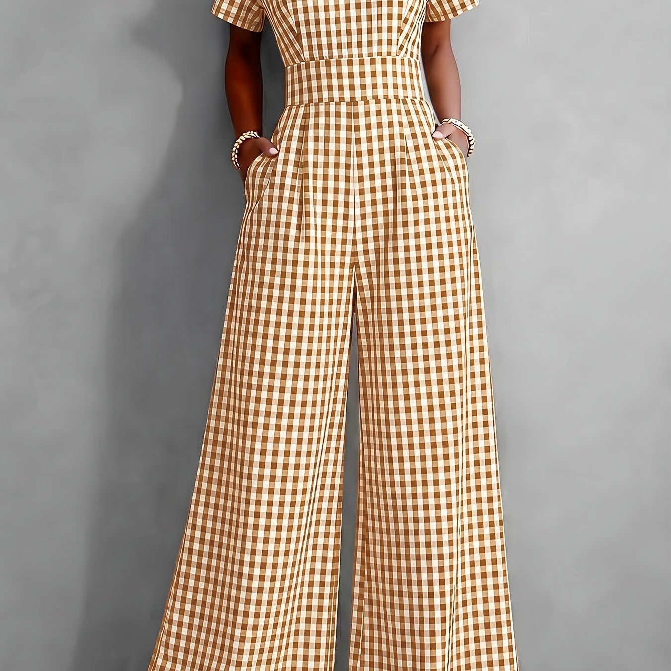 Effortless Gingham Wide Leg Jumpsuit for Women with V Neck Short Sleeve Fitted Waist Pocket Style