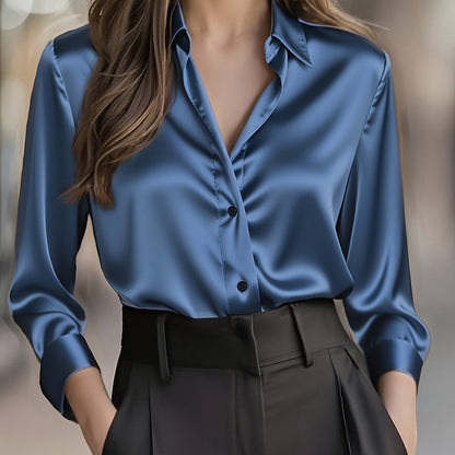 Elegant Satin Blouse for Women with Notched Collar Long Sleeve Button Front Silky Style