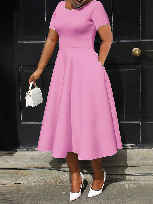Elegant Rose Red Midi Dress for Women with Round Neck Short Sleeve Fit and Flare Pocket Style