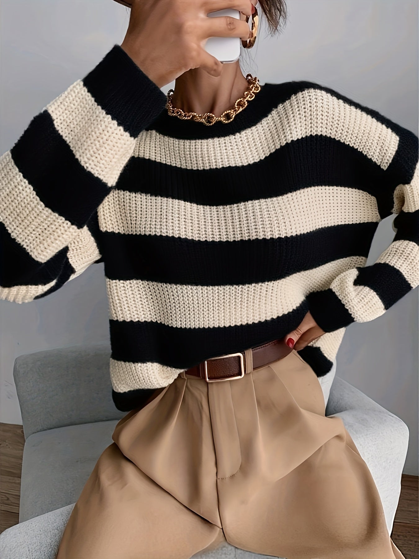 Classic Drop Shoulder Loose Striped Sweater