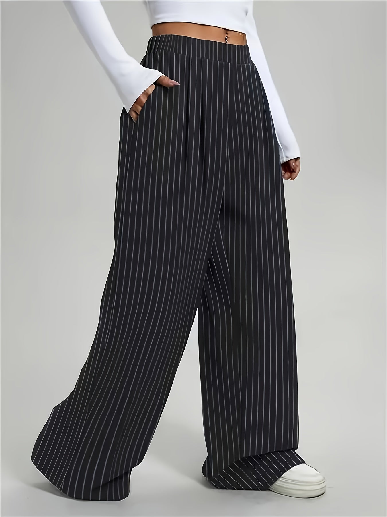 Elegant Black Pinstripe Wide Leg Trousers for Women with High Waist Pleated Relaxed Style