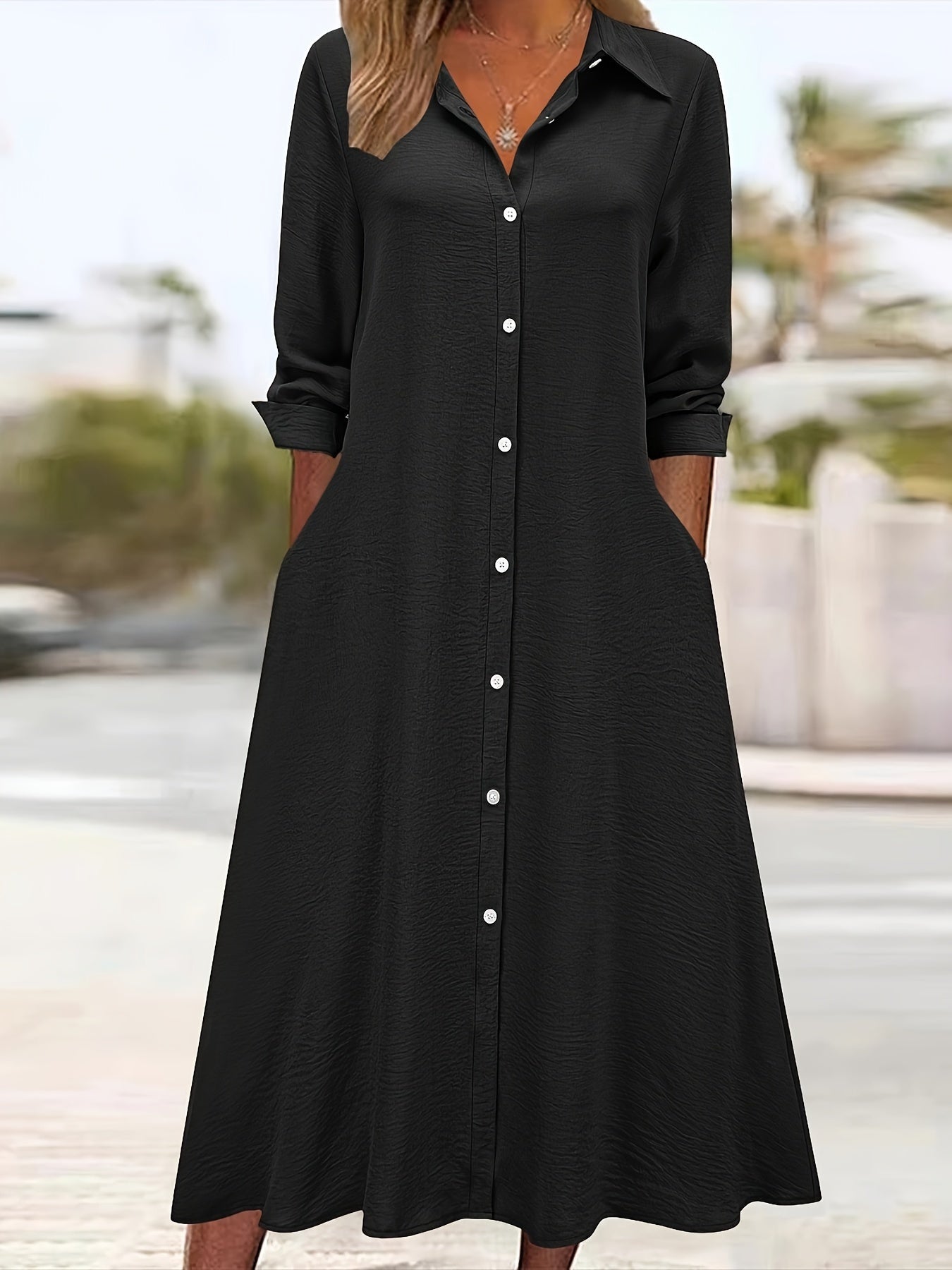Effortless Linen Shirt Dress for Women with Collar V Neck Long Sleeve Button Front Flowing Style