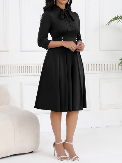 Elegant Knit Midi Dress for Women with Tie Neck Elbow Sleeve Pleated Fit and Flare Style