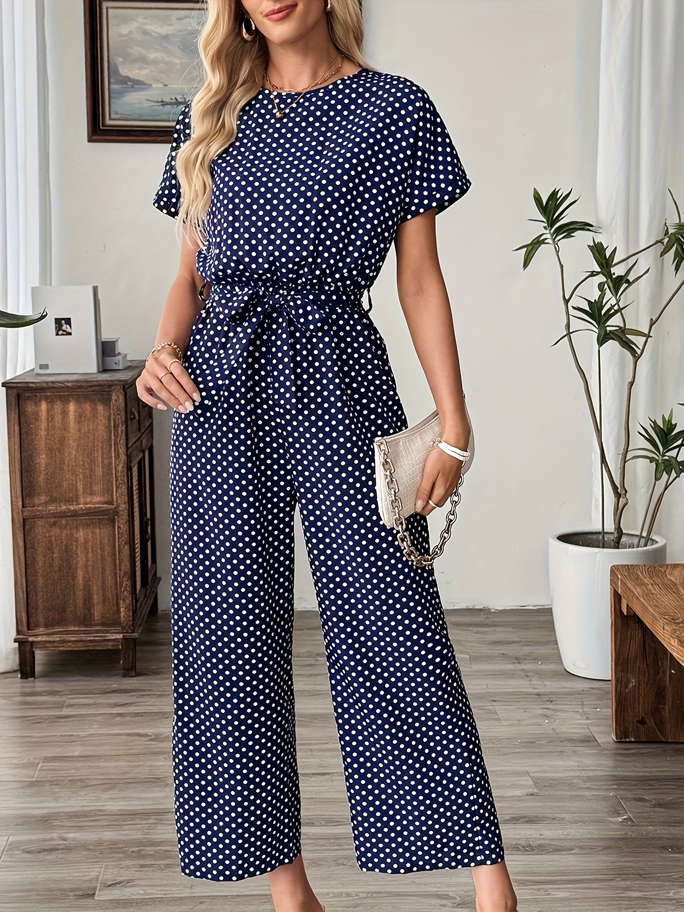 Effortless Polka Dot Jumpsuit for Women with Boat Neck Short Sleeve Belted Wide Leg Style