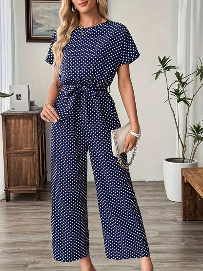 Effortless Polka Dot Jumpsuit for Women with Boat Neck Short Sleeve Belted Wide Leg Style
