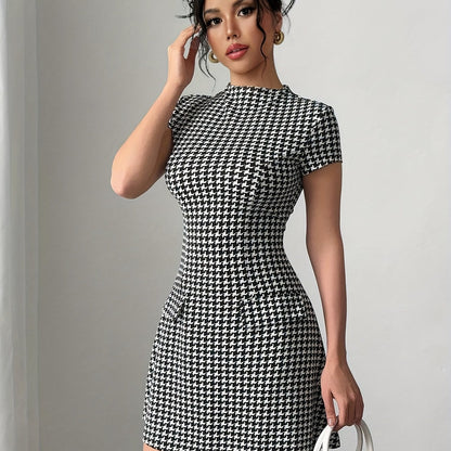 Elegant Black and White Houndstooth Mini Dress for Women with Mock Neck Short Sleeve Fit and Flare Cocktail Style
