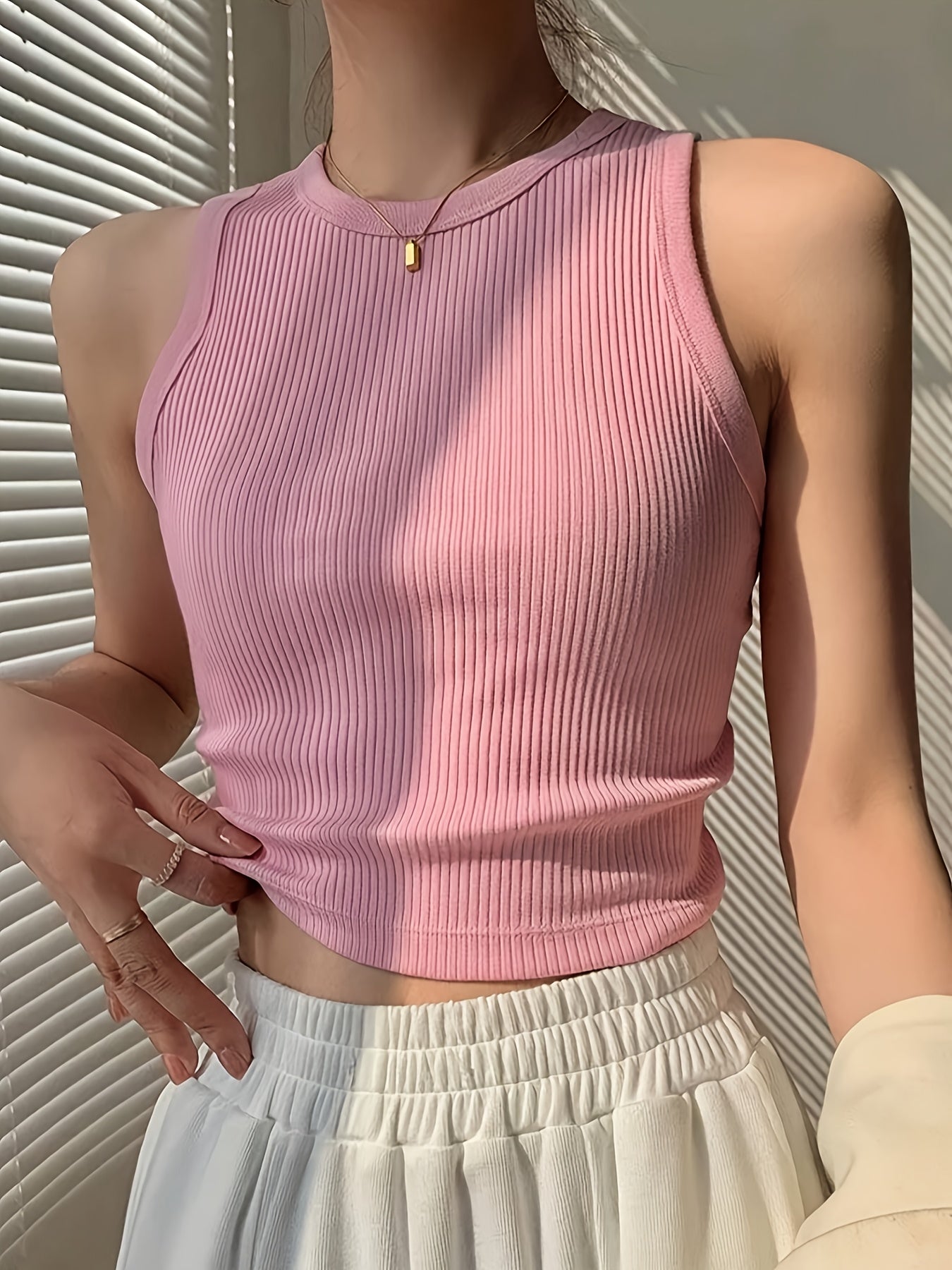 Effortless Ribbed Crop Top for Women with Crew Neck Sleeveless Racerback Fitted Tank Style