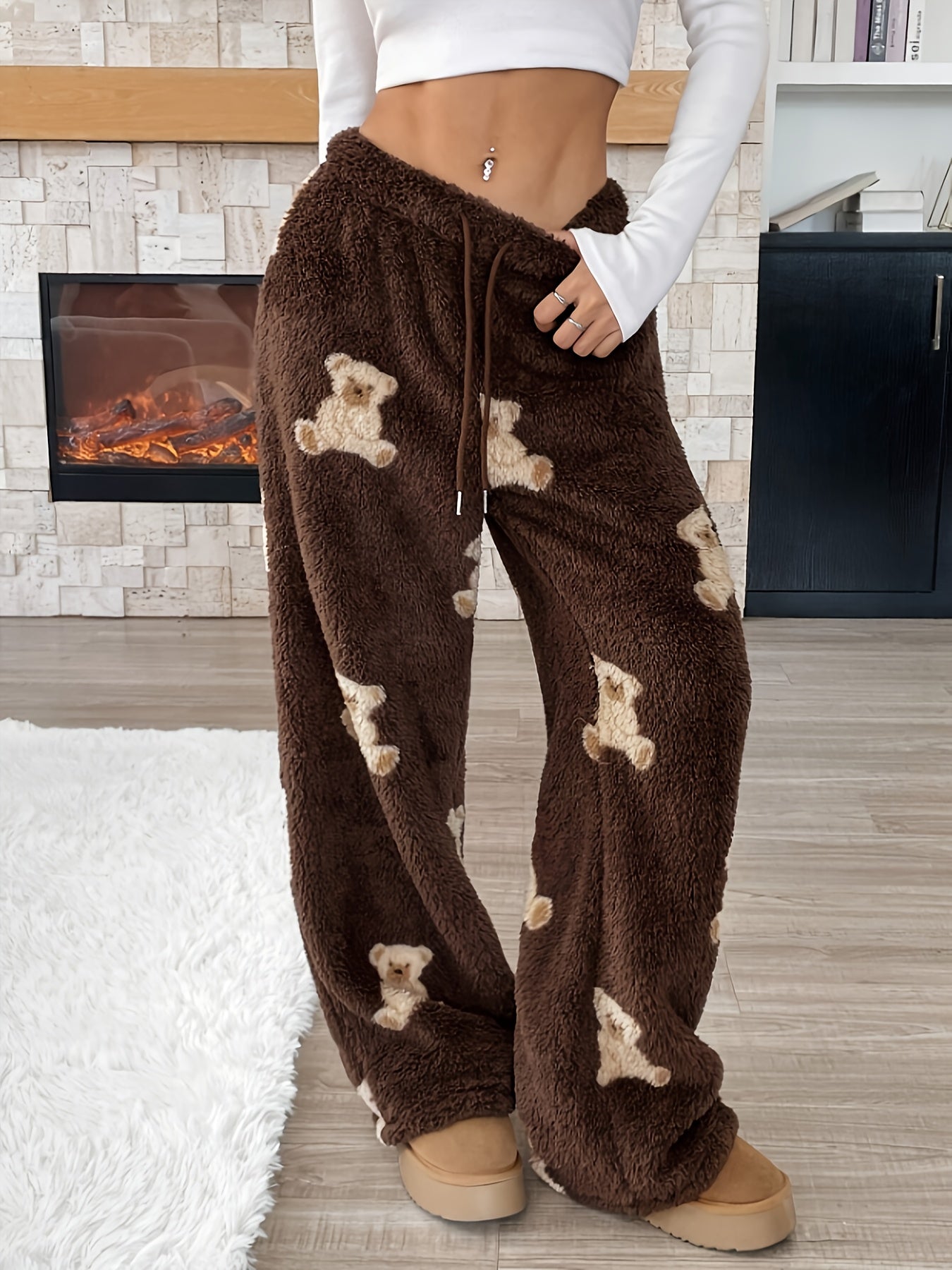Comfortable Dark Brown Teddy Bear Print PJ Pants for Women with High Waist Drawstring Wide Leg Casual Style