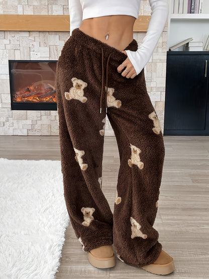 Comfortable Dark Brown Teddy Bear Print PJ Pants for Women with High Waist Drawstring Wide Leg Casual Style