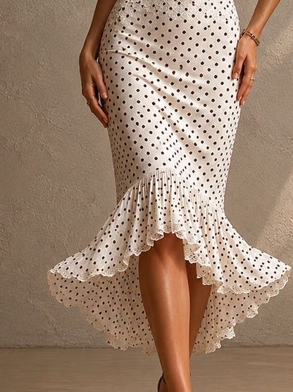 Elegant White Polka Dot Maxi Dress for Women with Halter Neck Sweetheart Lace Mermaid Cocktail Style