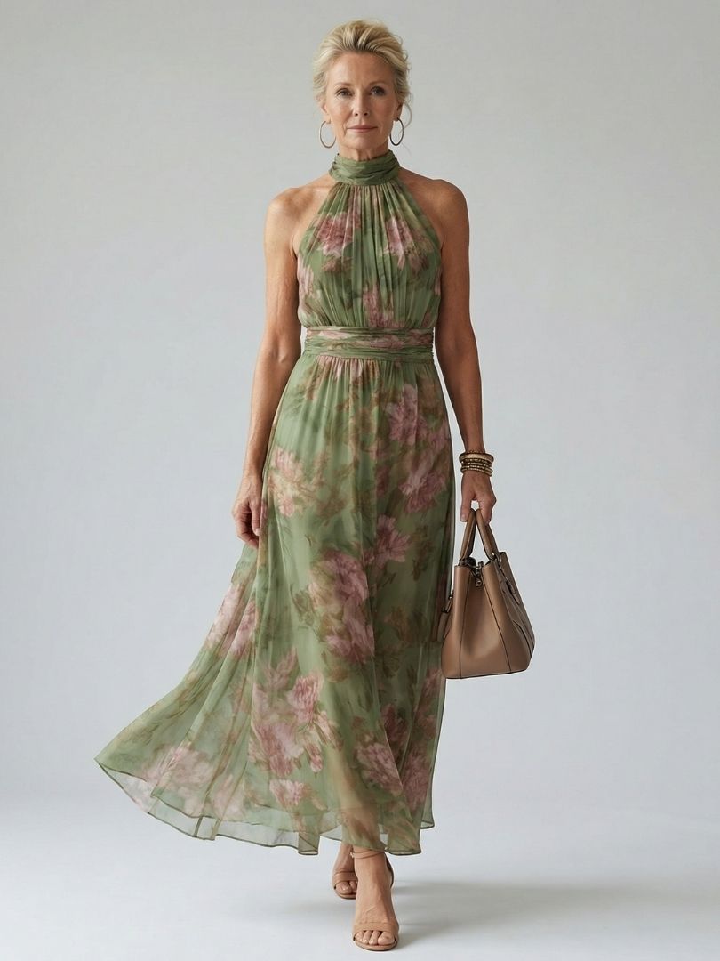 Elegant Green Floral Maxi Dress for Women with Halter Neck Sleeveless Ruched Flowing Wedding Guest Style
