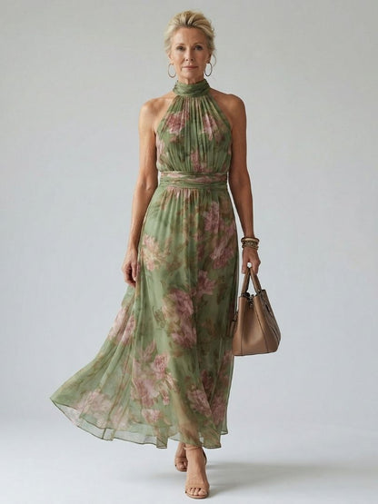 Elegant Green Floral Maxi Dress for Women with Halter Neck Sleeveless Ruched Flowing Wedding Guest Style