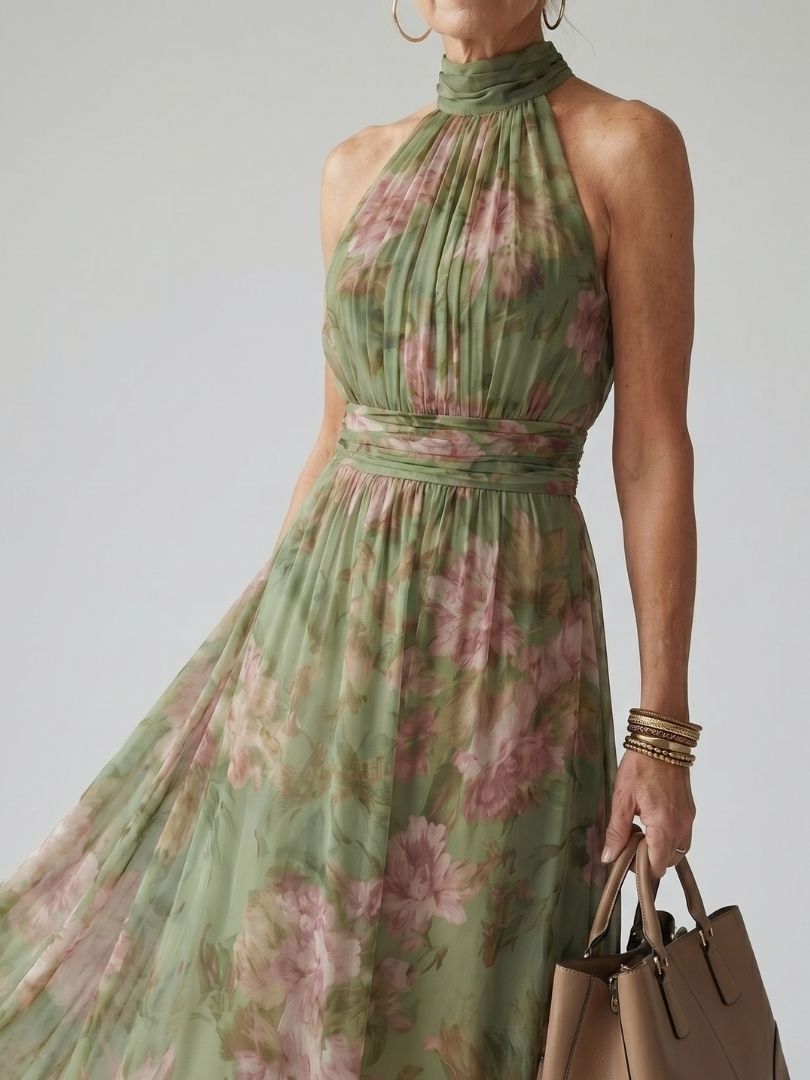 Elegant Green Floral Maxi Dress for Women with Halter Neck Sleeveless Ruched Flowing Wedding Guest Style