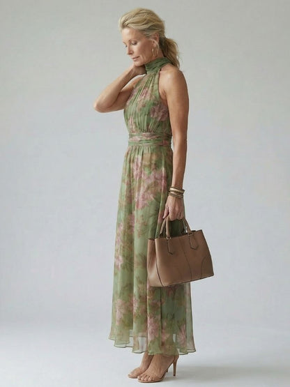 Elegant Green Floral Maxi Dress for Women with Halter Neck Sleeveless Ruched Flowing Wedding Guest Style