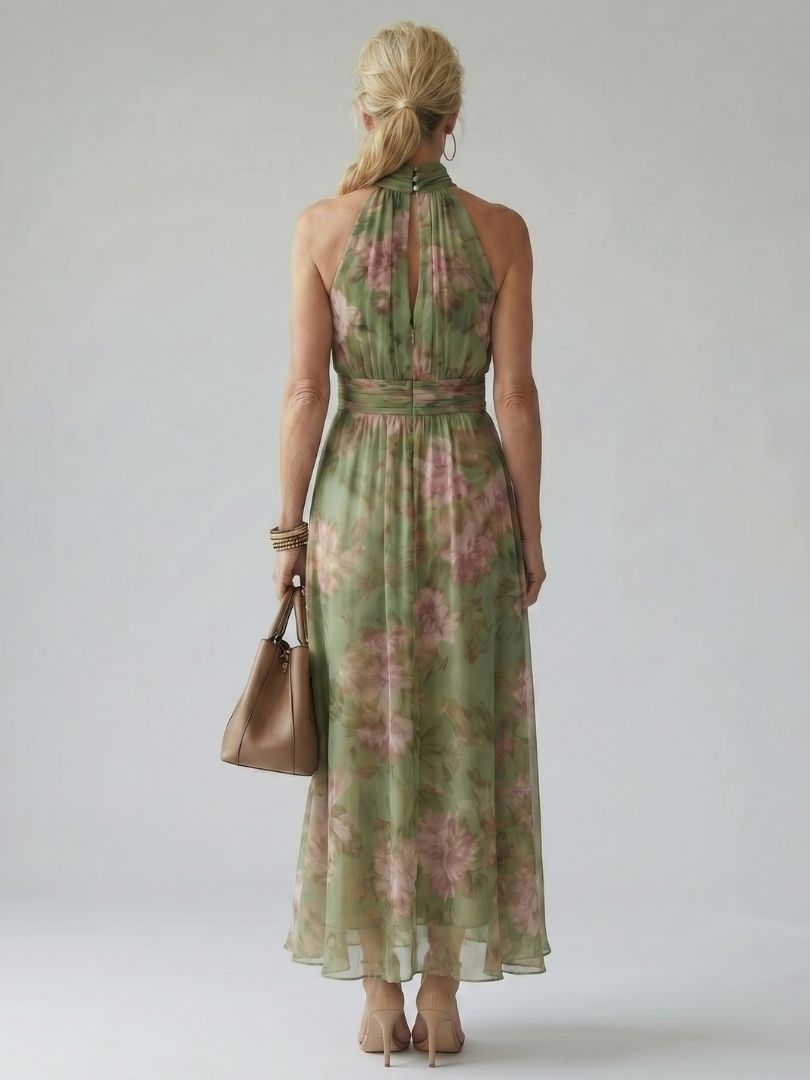 Elegant Green Floral Maxi Dress for Women with Halter Neck Sleeveless Ruched Flowing Wedding Guest Style