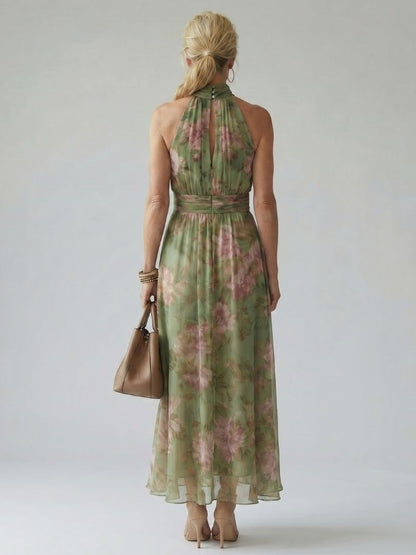 Elegant Green Floral Maxi Dress for Women with Halter Neck Sleeveless Ruched Flowing Wedding Guest Style