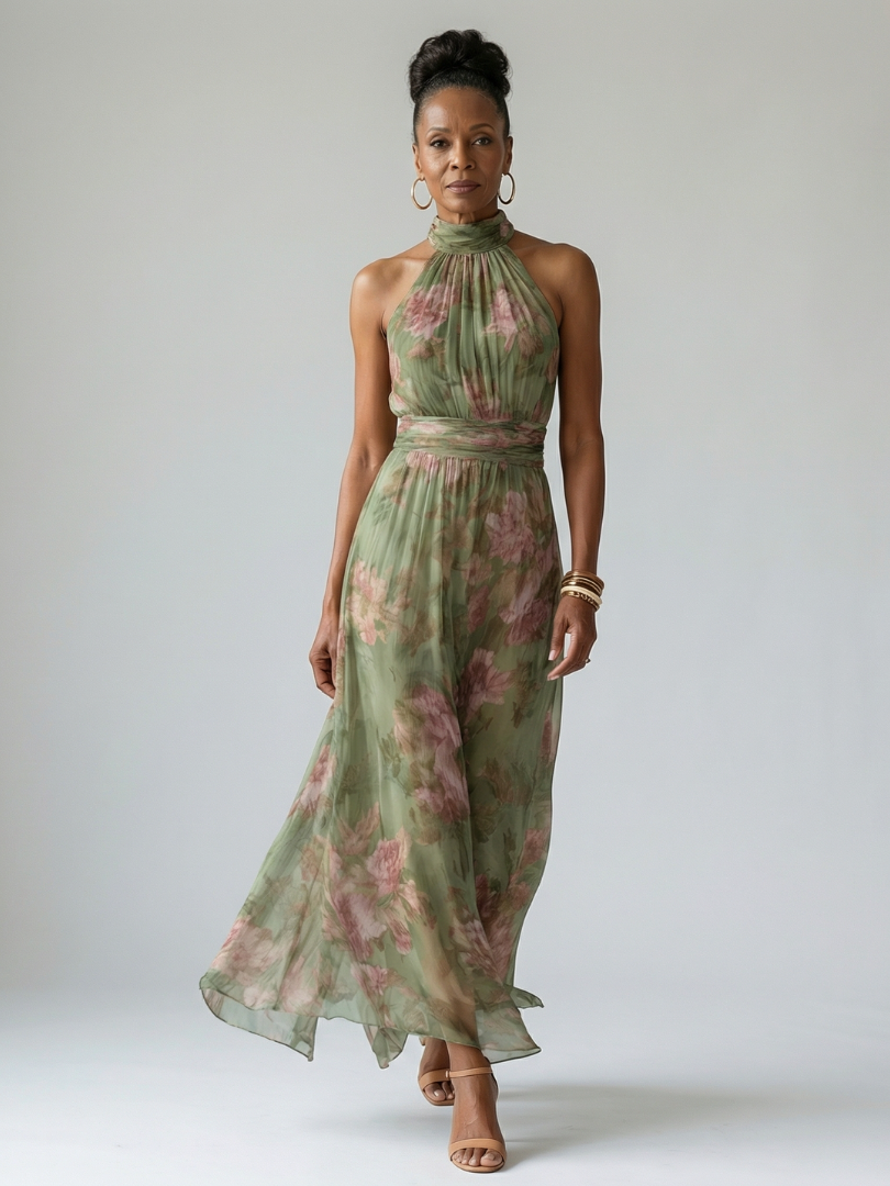 Elegant Green Floral Maxi Dress for Women with Halter Neck Sleeveless Ruched Flowing Wedding Guest Style
