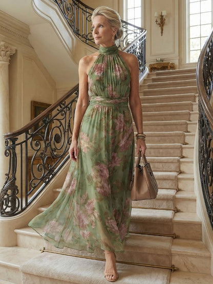 Elegant Green Floral Maxi Dress for Women with Halter Neck Sleeveless Ruched Flowing Wedding Guest Style
