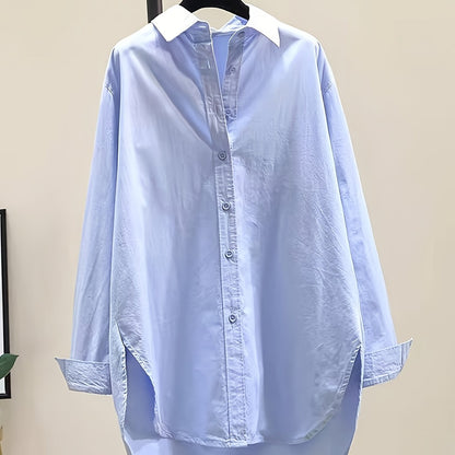 Effortless Cotton Blouse for Women with Collar Long Sleeve High Low Relaxed Oversized Style