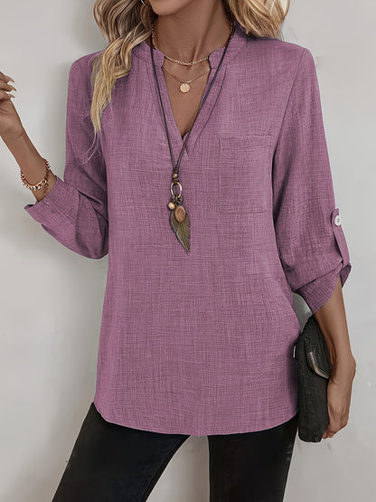Effortless Linen Blouse for Women with V Neck Roll Tab Sleeve Relaxed Tunic Style