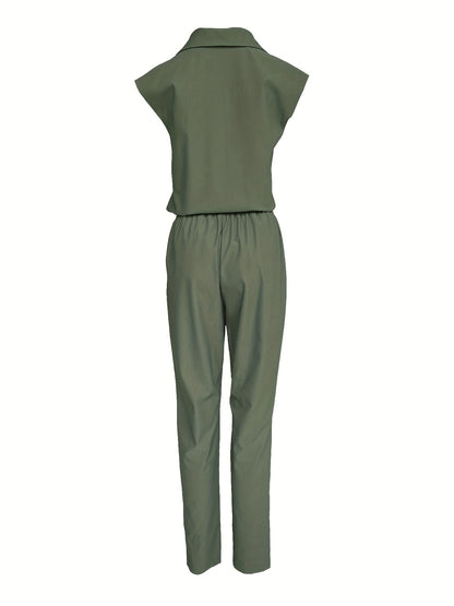 Elegant Army Green Jumpsuit for Women with Collared Cap Sleeve Drawstring Waist Tapered Style
