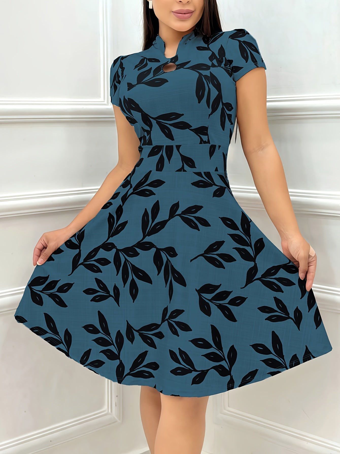 Elegant Leaf Print Fit and Flare Dress for Women with Keyhole Stand Collar Cap Sleeve Midi Style