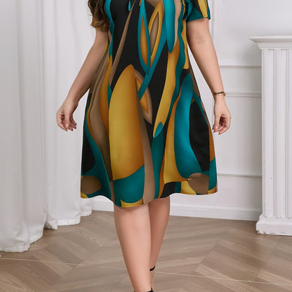 Effortless Geometric Print Shift Dress for Women with Round Neck Short Sleeve Tie Front Relaxed Casual Style