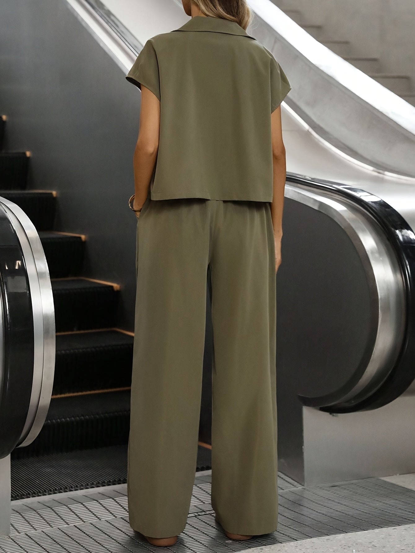 Effortless Wide Leg Two Piece Set for Women with Collar Short Sleeve Belted Relaxed Casual Style