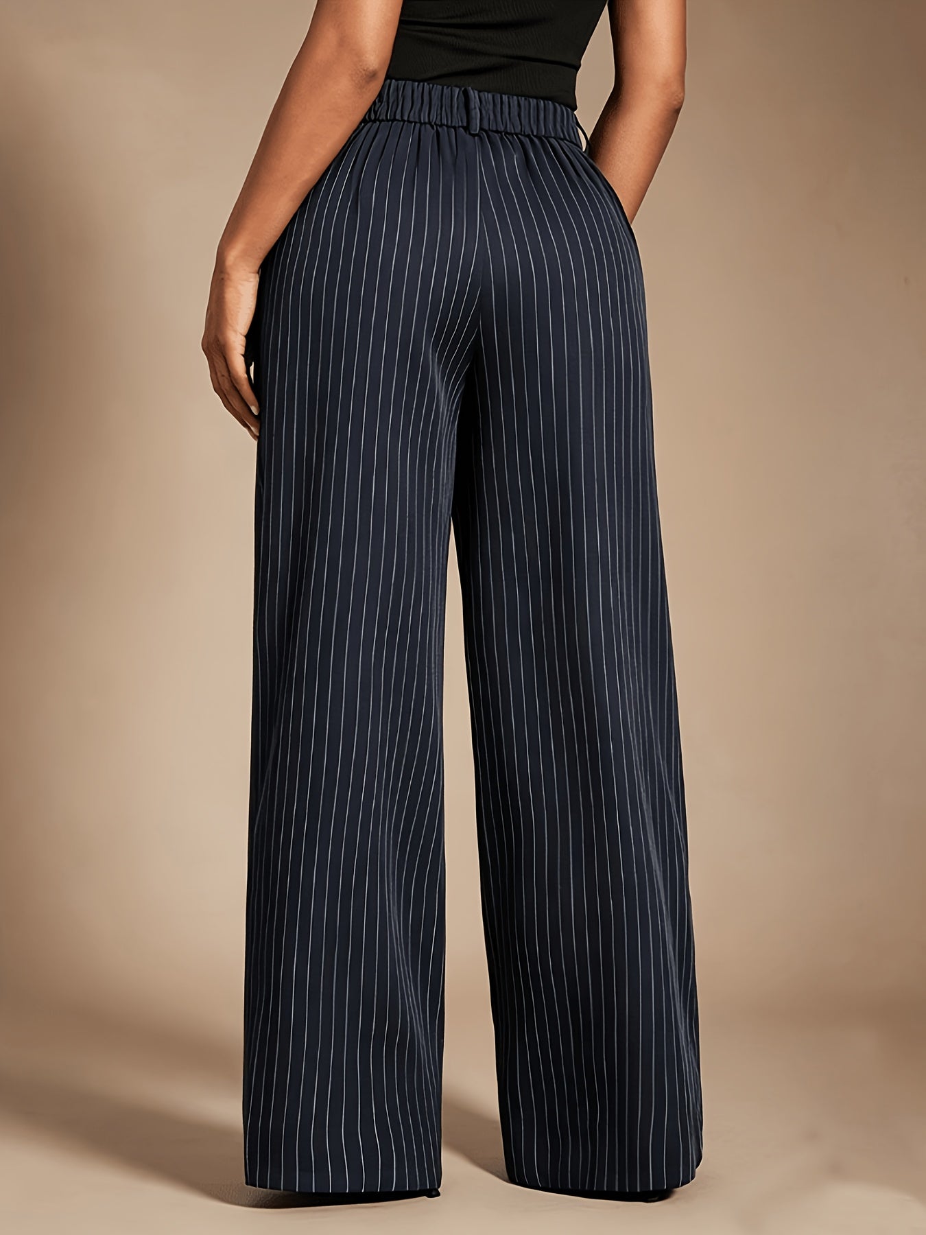 Effortless Navy Pinstripe Wide Leg Pants for Women with High Waist Pleated Front Tailored Relaxed Style