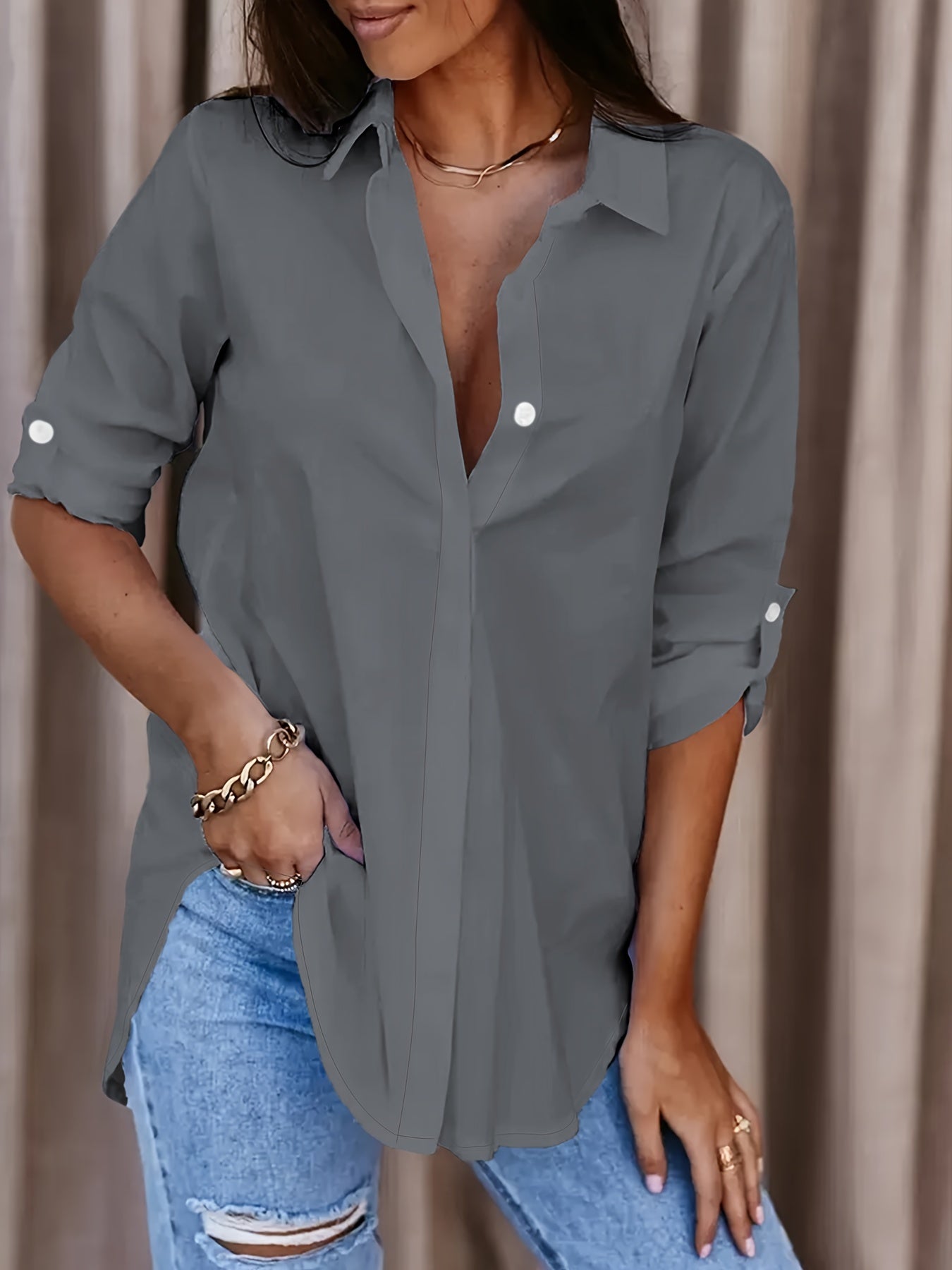 Effortless Relaxed Blouse for Women with Collar Long Sleeve Button Front Oversized Style