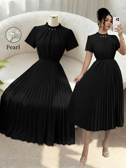 Elegant Apricot Pleated Midi Dress for Women with Ruffle Mock Neck Short Sleeve Pearl Detail Flowing Style