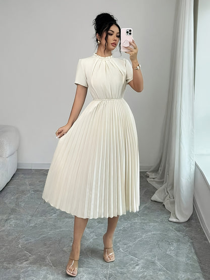 Elegant Apricot Pleated Midi Dress for Women with Ruffle Mock Neck Short Sleeve Pearl Detail Flowing Style