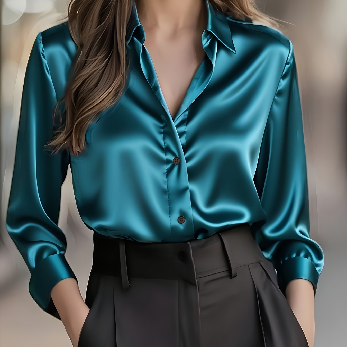 Elegant Satin Blouse for Women with Notched Collar Long Sleeve Button Front Silky Style