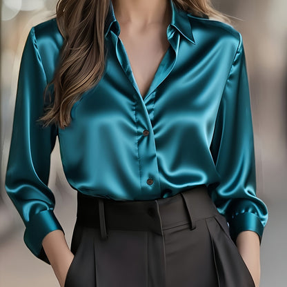 Elegant Satin Blouse for Women with Notched Collar Long Sleeve Button Front Silky Style