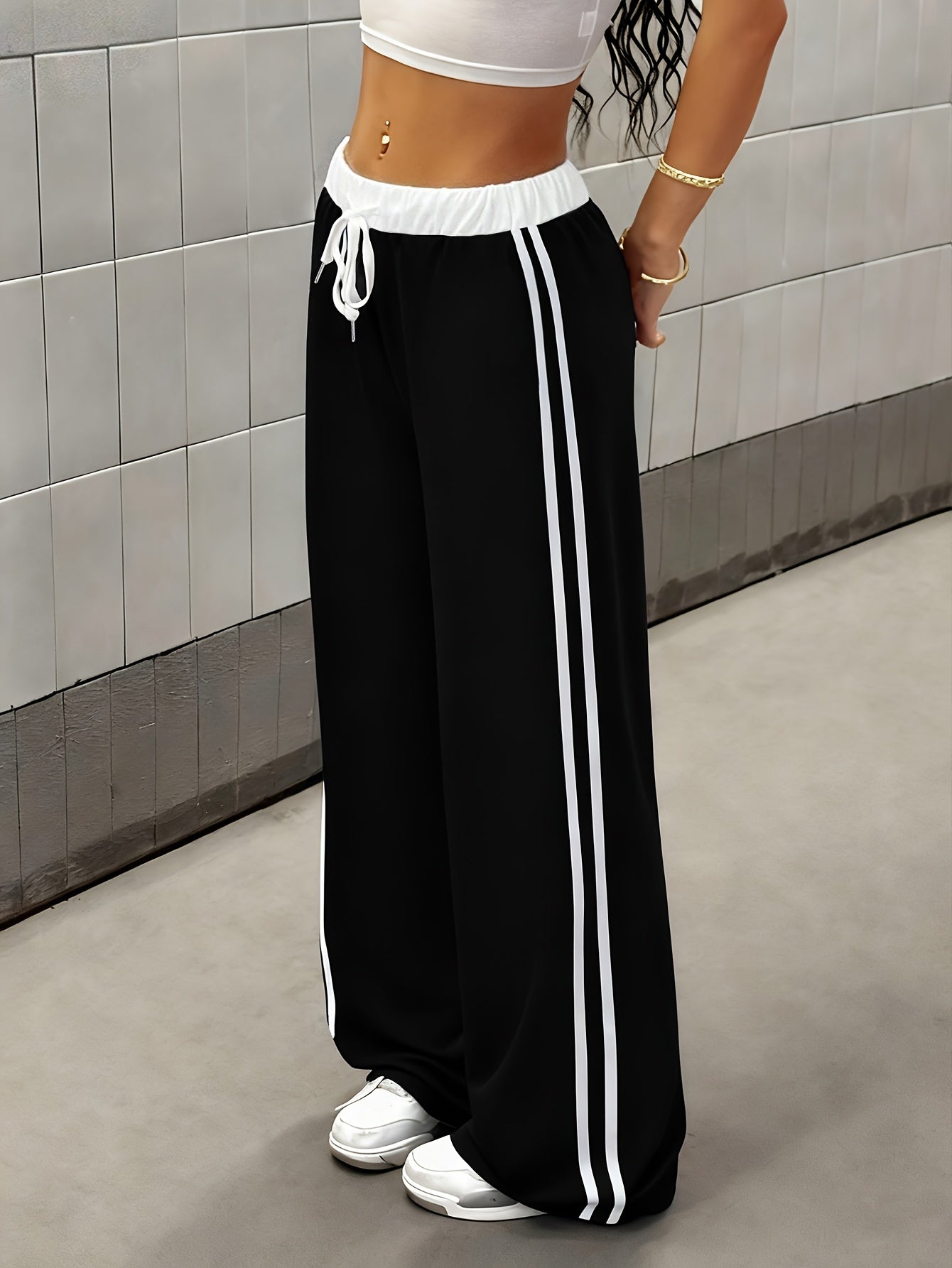 Effortless Wide Leg Track Pants for Women with High Waist Drawstring Side Stripe Relaxed Style