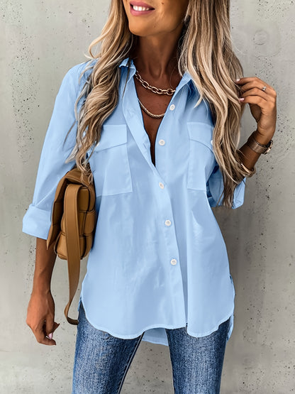 Effortless Utility Blouse for Women with Collar Long Sleeve Button Front Casual Style