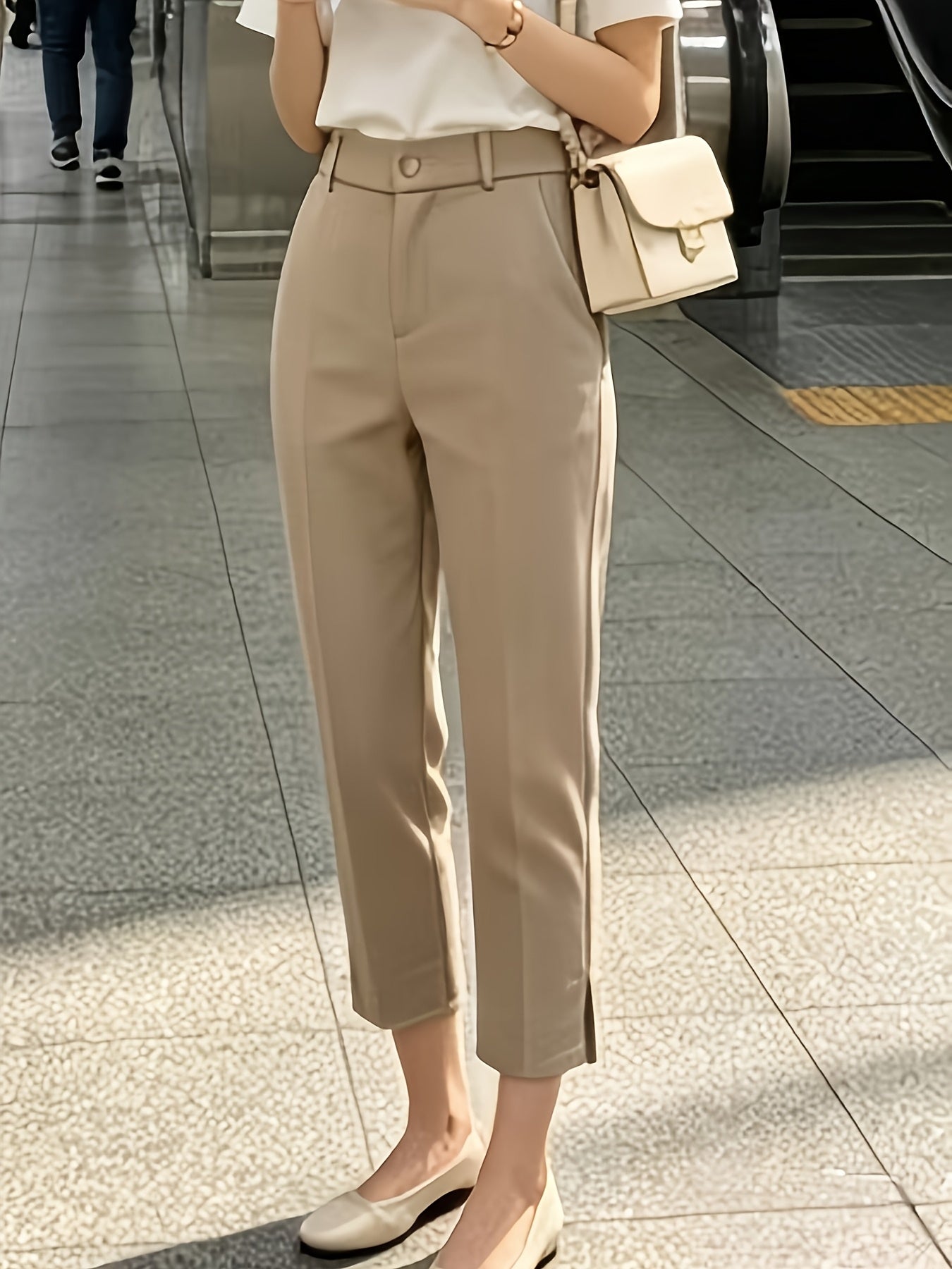 Elegant Tailored Trousers for Women with High Waist Button Front Cropped Slit Hem Casual Style