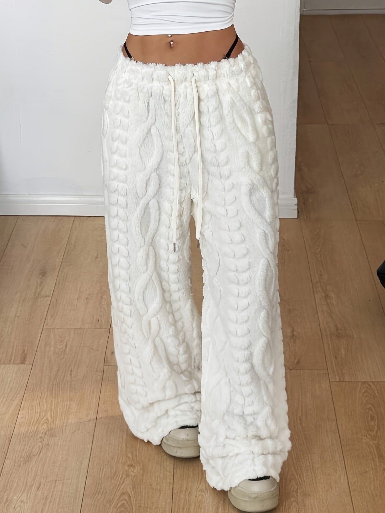 Effortless White Cable Knit Fleece Wide Leg Pants for Women with High Waist Drawstring Relaxed Oversized Knit Style
