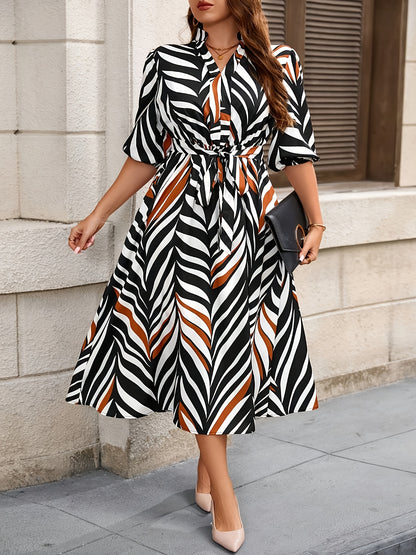Effortless Chevron Print Maxi Dress for Women with V Neck Elbow Sleeve Wrap Tie Waist Flowing Style