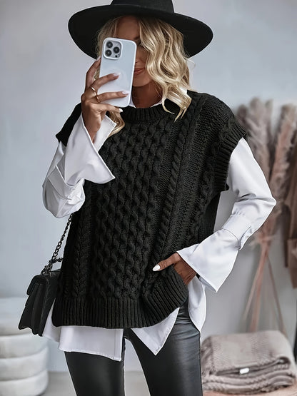 Comfortable Cable Knit Sweater Vest for Women with Crew Neck Sleeveless Oversized Relaxed Style