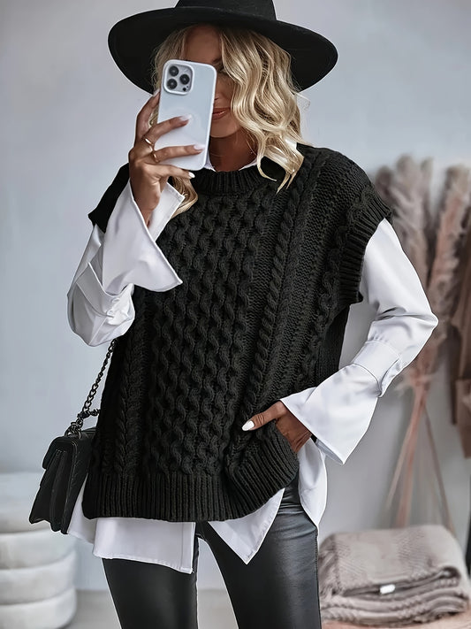 Comfortable Cable Knit Sweater Vest for Women with Crew Neck Sleeveless Oversized Relaxed Style