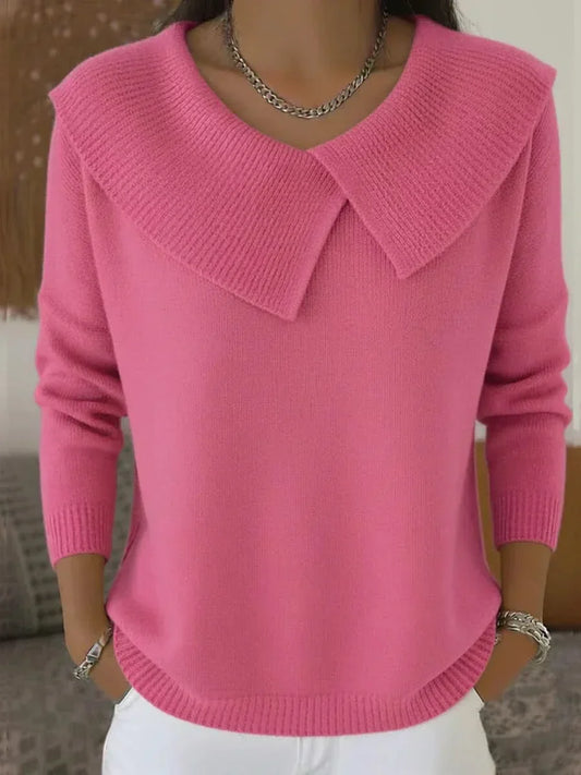 Elegant Knit Sweater for Women with V Neck Long Sleeve Oversized Collar Relaxed Style