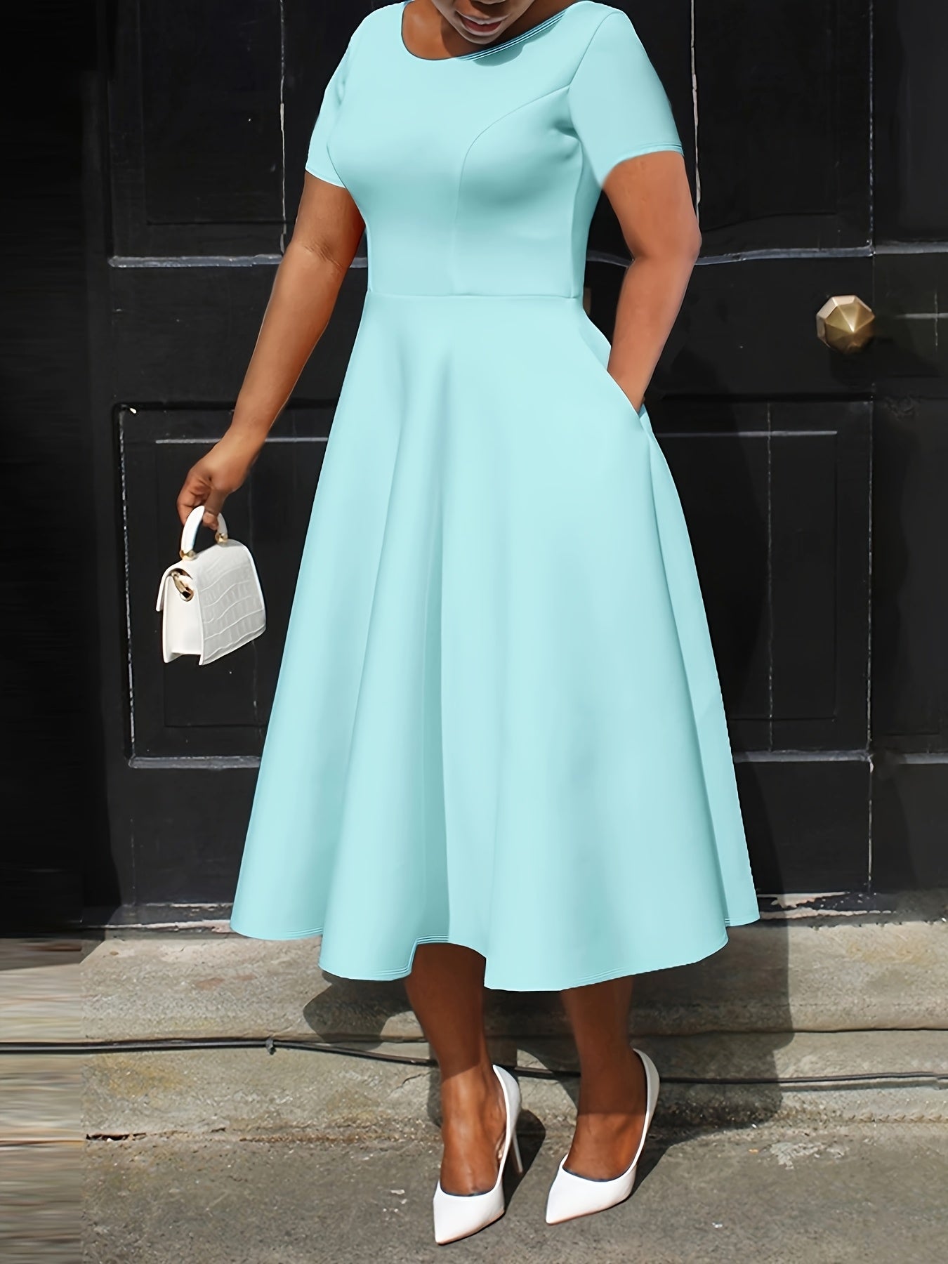 Elegant Rose Red Midi Dress for Women with Round Neck Short Sleeve Fit and Flare Pocket Style