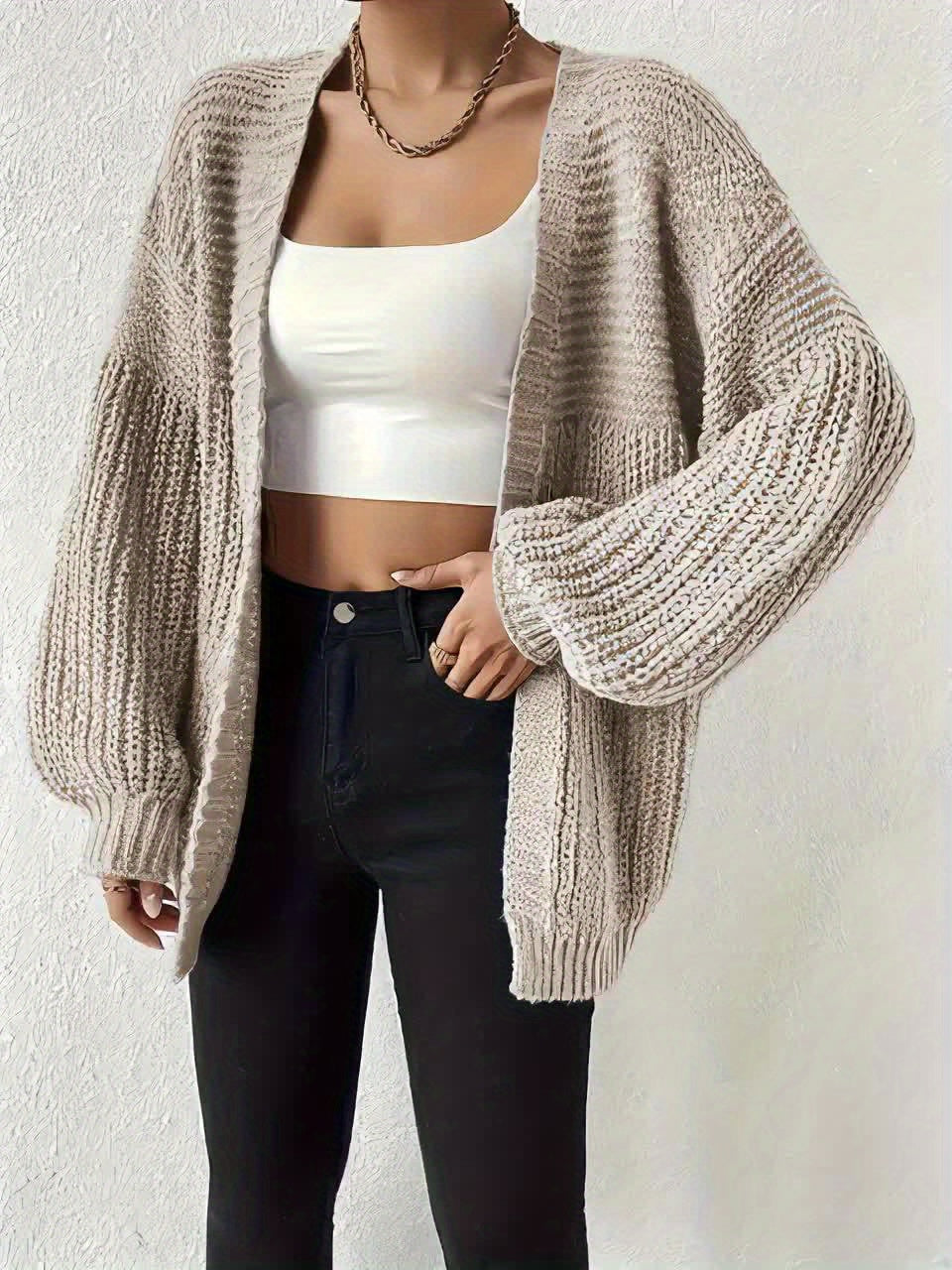 Comfortable Chunky Knit Cardigan for Women with Open Front Balloon Sleeve Oversized Relaxed Style