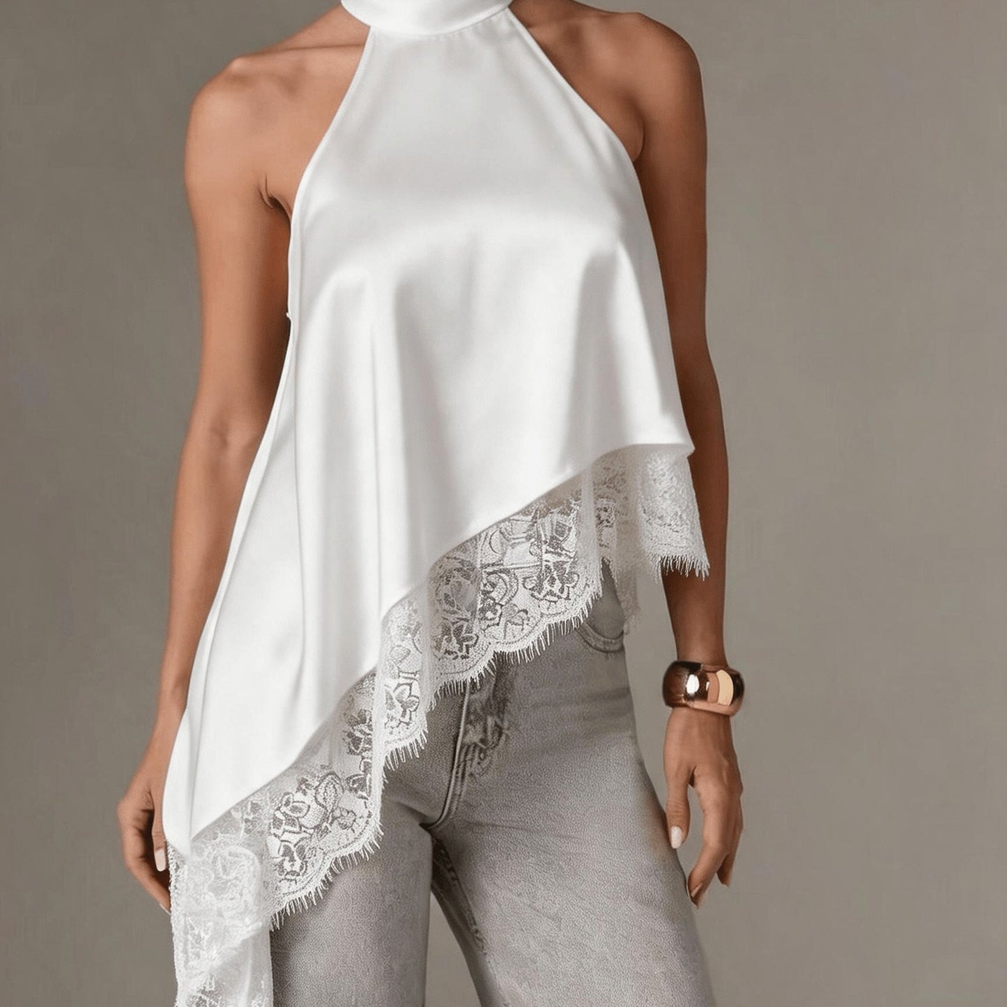 Irregular Patchwork Lace Neckline Halter Top, Women's Elegant Vest