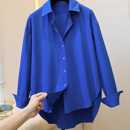 Effortless Cotton Blouse for Women with Collar Long Sleeve High Low Relaxed Oversized Style